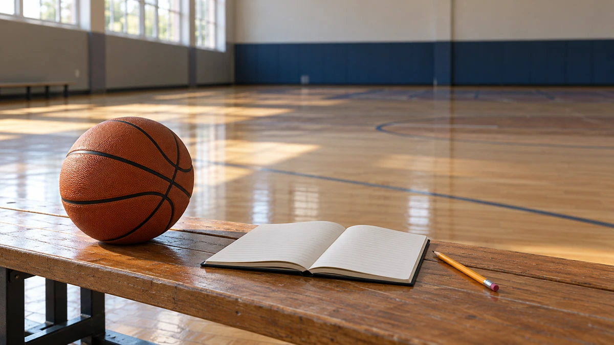 A basketball and an open practice notebook beside an empty court.