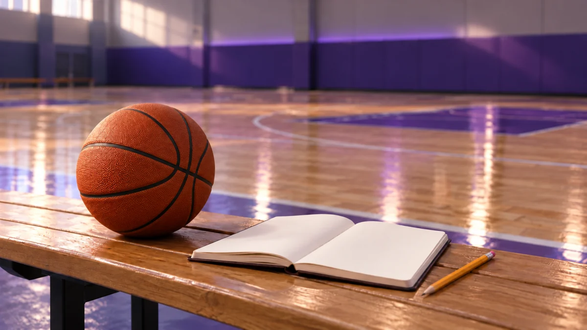 A basketball and a blank notebook beside an empty court, ready for film-review notes.