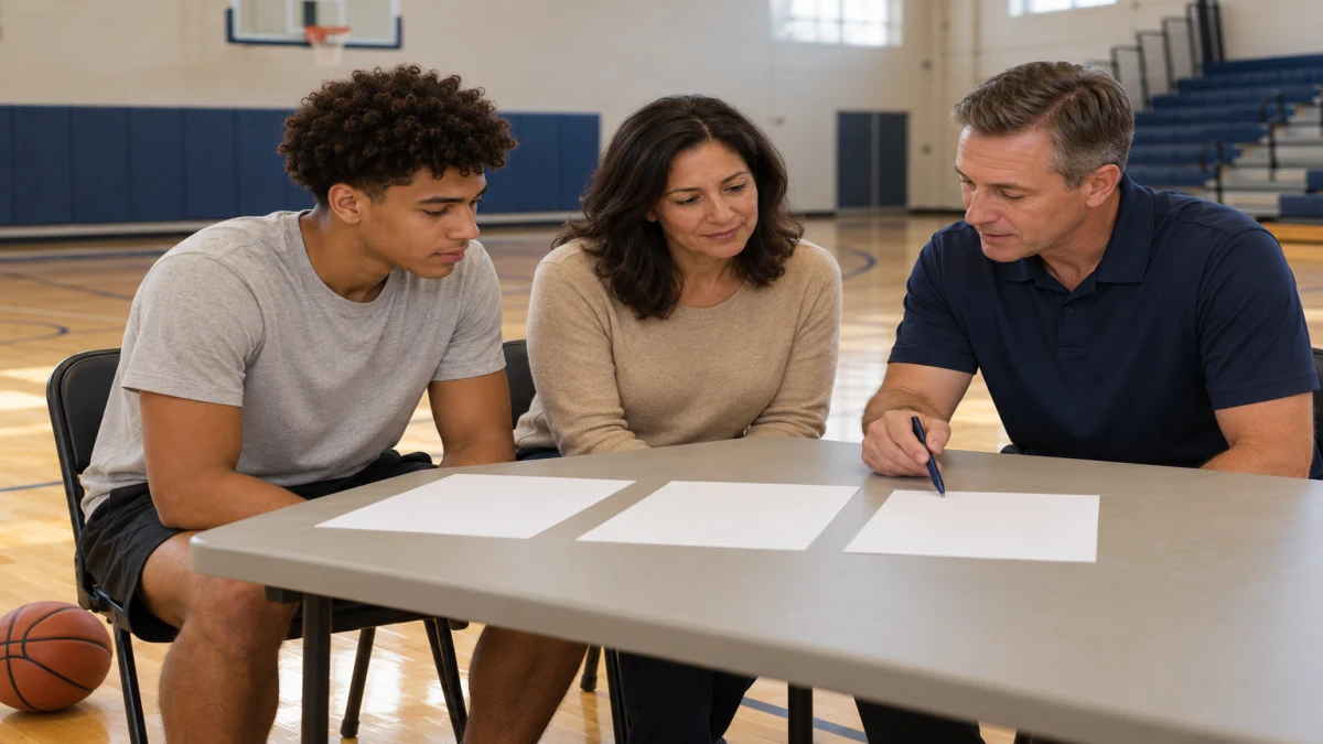 A college-bound basketball player and a parent reviewing scholarship papers with a college coach beside an empty basketball court.