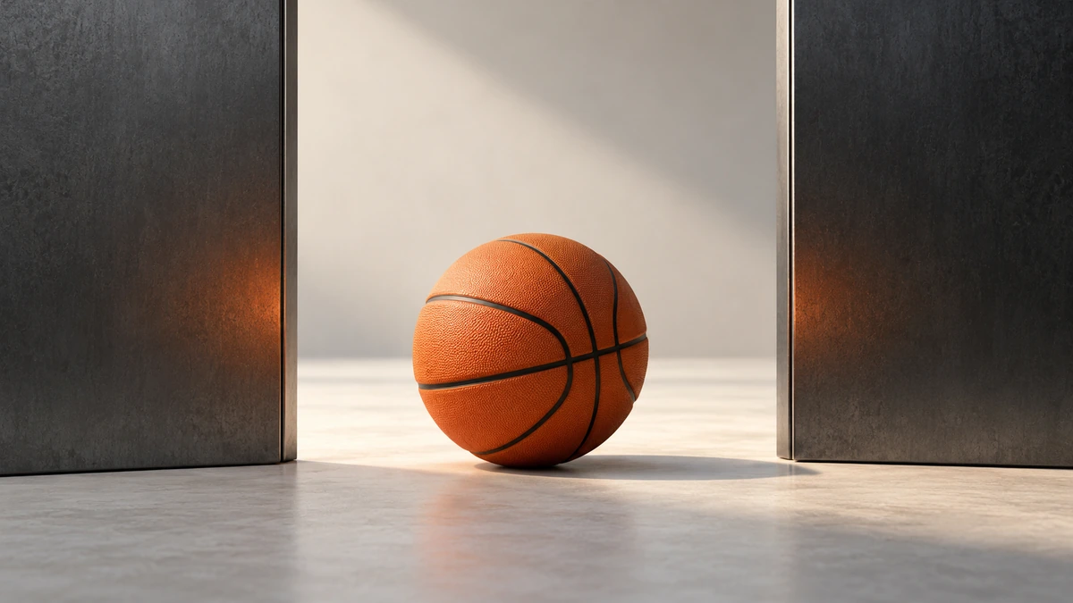An orange basketball framed by two separated upright panels against a pale background.
